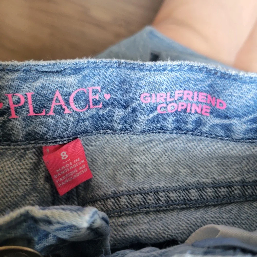 The Childrens Place Girls Girlfriend Jeans 8 Light Wash Patched Distressed Denim